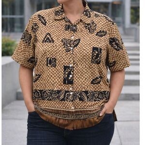 Vintage 90s Tribal Geometric Button Up Shirt Brown Tan Oversized 18W